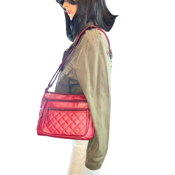 Quilted Red Leather Crossbody Bag For Women With Adjustable Strap & Multiple Poc - Picture 1 of 10